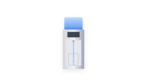 Silver Water Cooler Dispensing Fresh Liquid into Glass with Rising Bubbles Stock-Footage 346007027