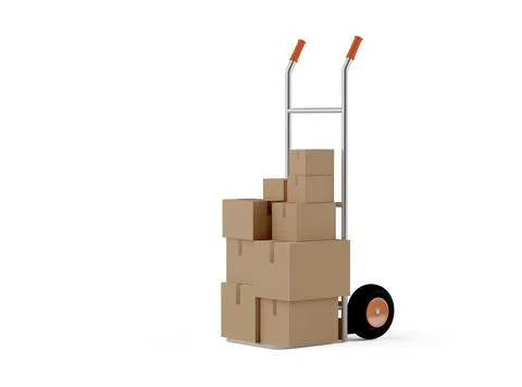 Silver wheel barrow or hand truck with cardboard boxes and parcels standing o Illustration