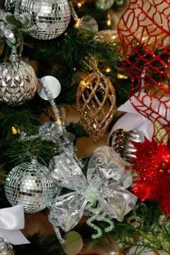 Silver, white and red Christmas tree decorations Stock Photos