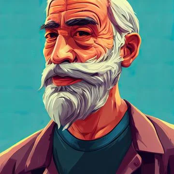 Silver, white beard and long mustache casual old man painting. Middle age Иллюстрация