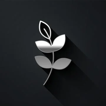 Silver Willow leaf icon isolated on black background. Long shadow style. Vect Stock Illustration