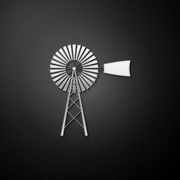 Silver Windmill icon isolated on black background. Long shadow style. Vector Stock Illustration