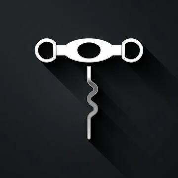 Silver Wine corkscrew icon isolated on black background. Long shadow style... Illustration