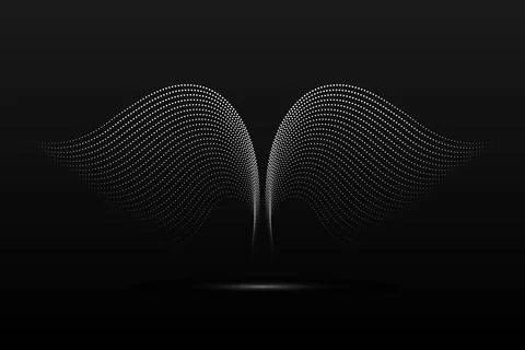 Silver wings linear wavy abstract on a black background. Angel wings. Vector Illustrazione stock