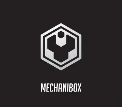 Silver wrench and bolt inside hexagon Stock Illustration