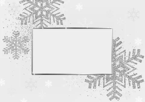 Silver Xmas Background with Frame and Glittering Snowflakes Stock Illustration