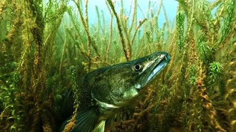 Silver Zander Emerging from Plants Stock Footage 337005414