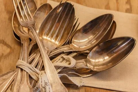 Silverware with bunch of silverware varieties including forks spoons. Close u Foto stock