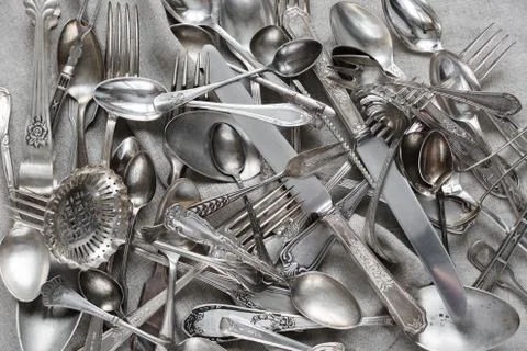 Silverware on a linen fabric Foto stock