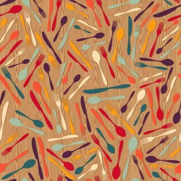 Silverware seamless pattern over wooden table Stock Illustration