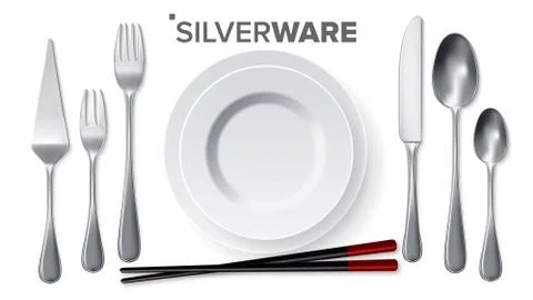 Silverware Set . Silver Metal Knife, Spoon, Fork, Spatula, Chopsticks, Plate Stock Illustration