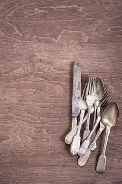 Silverware on table with copy space Stockfoto's