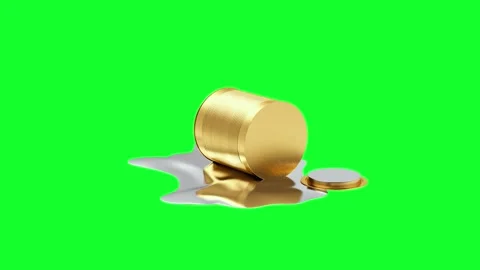 A silvery liquid spills out of an open golden metal can in 3D animation. Stock Footage 335596458
