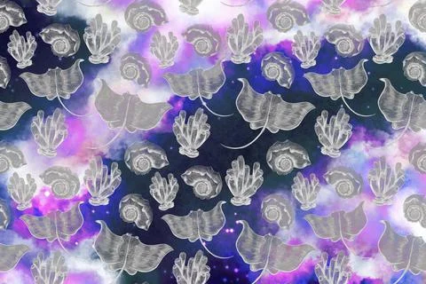 Silvery patterns and hatched illustrations on a marine theme against the bac Stock Illustration