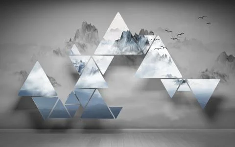 Silvery triangles on a wall background with a gray foggy mountain landscape Stock Illustration