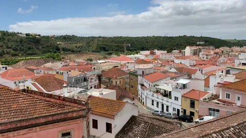 Silves Portugal rooftops panorama with nesting storks Stock Footage 107794685