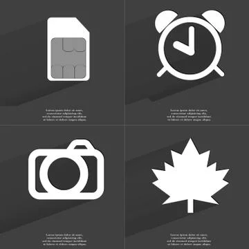 SIM card, Alarm clock, Camera, Maple leaf. Symbols with long shadow. Flat design イラスト素材