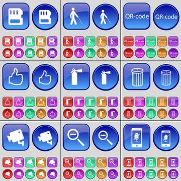 SIM card, Blind, QR-code, Like, Fire extinguisher, Trash can, CCTV, Magnifying g Stock-Illustration