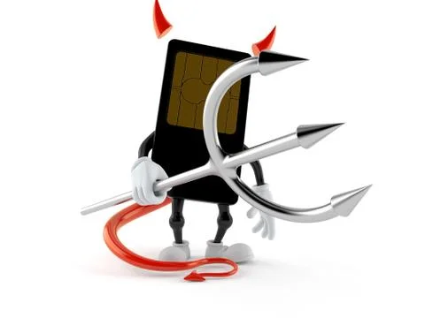 SIM card character with devil horns and pitchfork Stock Illustration