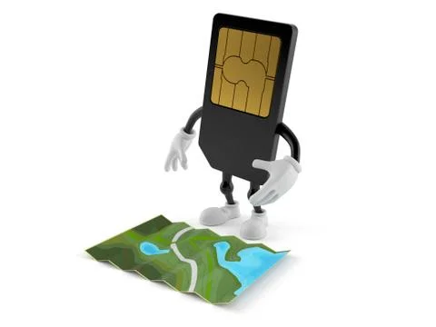 SIM card character looking at map Stock Illustration