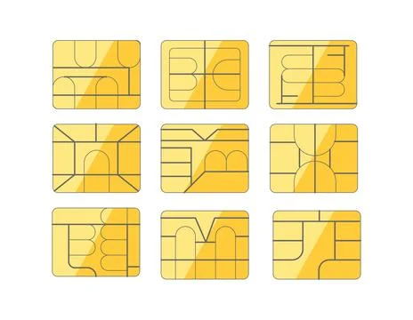 Sim card chips showing different integrated circuit patterns for mobile phone Stock-Illustration