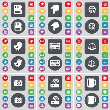 SIM card, Hand, Web cursor, Bird, Record-player, Scales, Camera, Router, Cup ico 스톡 일러스트