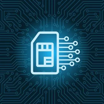 Sim Card Icon Over Blue Circuit Motherboard Background Stock Illustration