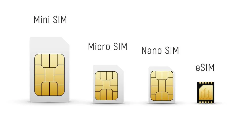 Sim card isolated set. Mini mobile sim chip standard 3d icon. Stock Illustration