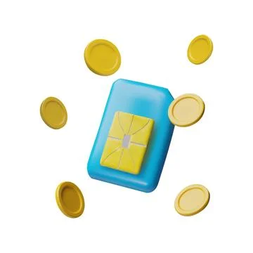 Sim card microchip and coins falling 3D vector illustration, wireless GSM Illustrazione stock