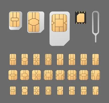 Sim card with microchips different sizes 3D vector icons set, wireless GSM and Stock Illustration