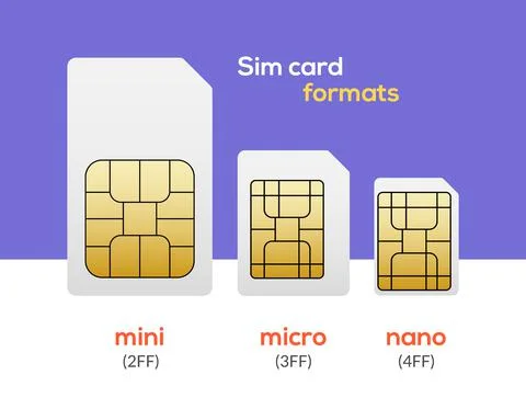 Sim card nano chip, micro simcard isolated mini size vector icon Stock Illustration