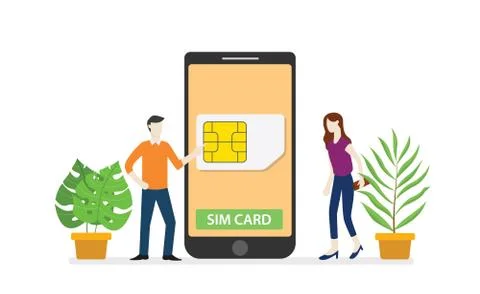Sim card or simcard mobile technology network with smartphone and people stan Stock Illustration
