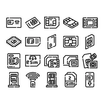 Sim card types and electronic sim technology icons Stock Illustration