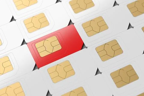 SIM cards arranged in a row. 3D rendering illustration. Stock Illustration
