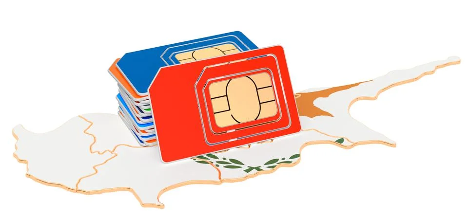 Sim cards on the Cyprus map. Mobile communications, roaming in Cyprus, concep Stock Illustration