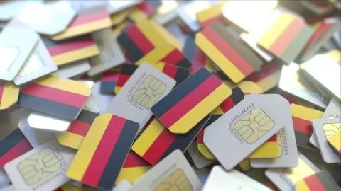 SIM cards with flag of Germany. German cellular network related conceptual 3D Stock Illustration