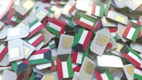 SIM cards with flag of Kuwait. Kuwaiti cellular network related conceptual 3D Stock Illustration