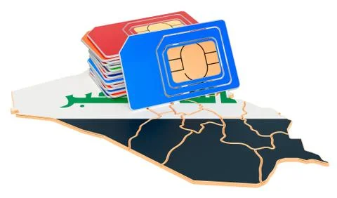 Sim cards on the Iraqi map. Mobile communications, roaming in Iraq, concept.  Stock Illustration