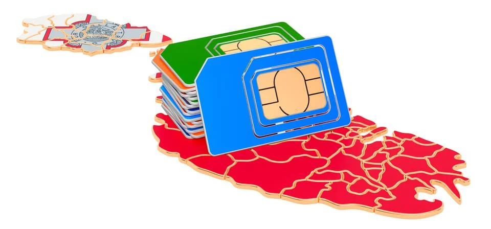 Sim cards on the Maltese map. Mobile communications, roaming in Malta, concep Stock Illustration