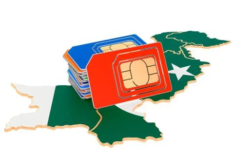 Sim cards on the Pakistani map. Mobile communications, roaming in Pakistan, c Stock Illustration
