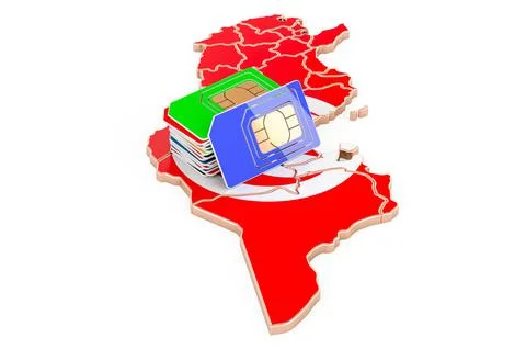 Sim cards on the Tunisian map. Mobile communications, roaming in Tunisia, con Stock Illustration