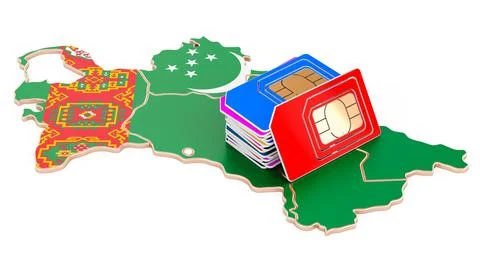 Sim cards on the Turkmen map. Mobile communications, roaming in Turkmenistan, Stock Illustration