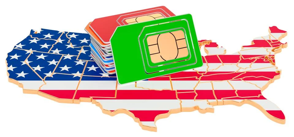 Sim cards on the USA map. Mobile communications, roaming in the United States Stock Illustration