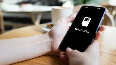 SIM locked message on mobile phone screen. Communication concept. 写真素材