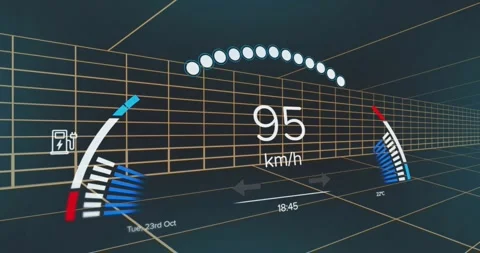 Sim starting, HUD speed read rising and gauges filling and dropping, showing Stock Footage 320896496