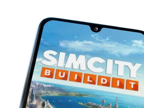 SimCity BuildIt app launch screen on smartphone on white background Stock Photos