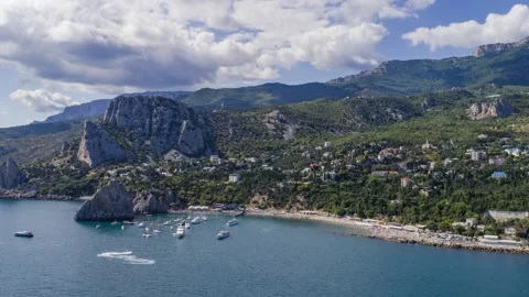 Simeiz, Mount Diva, bay, beach, ships, mountain view time lapse Stock Footage 260933644