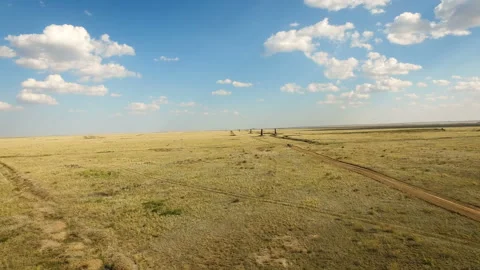 Simiplatinsky shooting range. Large empty field with yellow grass on blue sky Stock Footage 98776587
