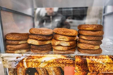 Simit sesame bread stacks selling on street in batumi 写真素材
