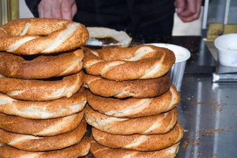 Simit is a Turkish loop-shaped bread, encrusted with sesame seeds, Cracknel a Stock Photos